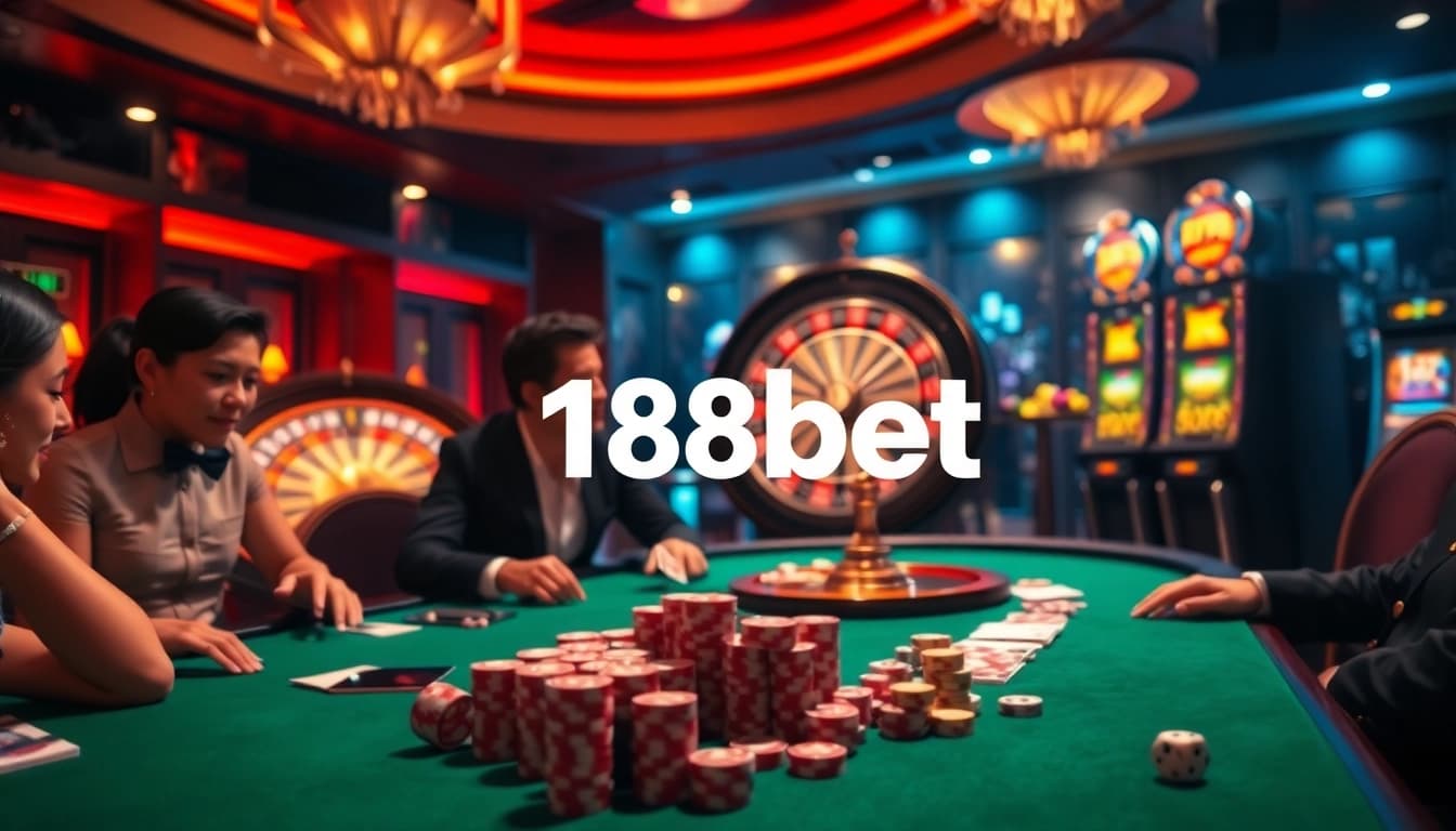 Experience the thrill of winning with the 188bet link in a bustling casino scene featuring poker tables and roulette wheels.