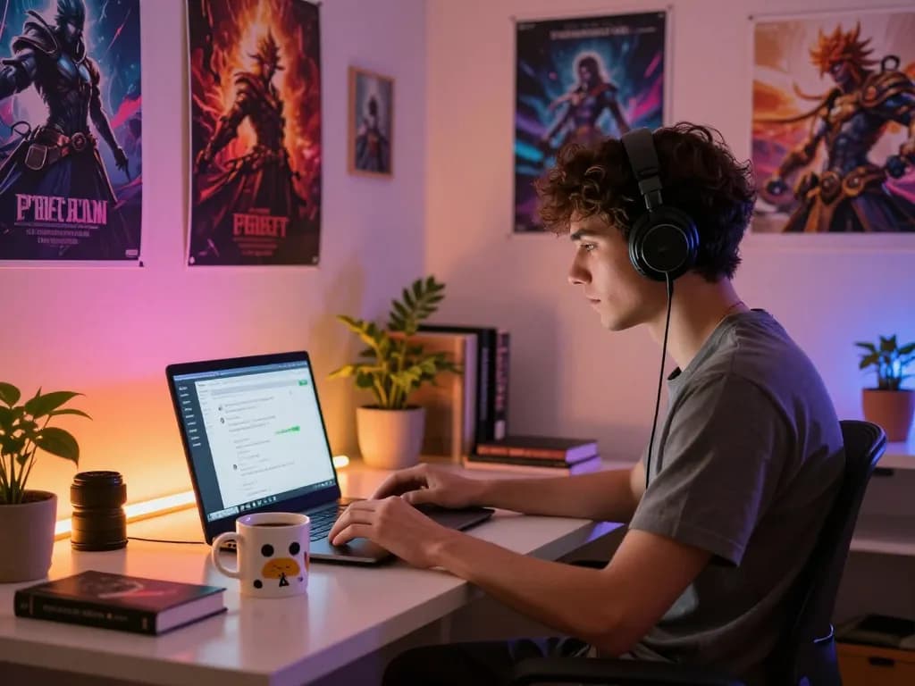 User interacting with nsfw character AI in a vibrant home office, showcasing engaging technology.