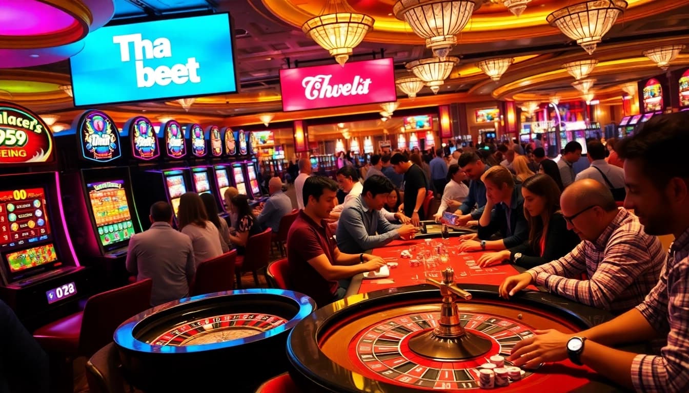 Experience Tha bet excitement with players at a vibrant blackjack table, poker chips in hand, and colorful slot machines spinning in a luxurious casino atmosphere.