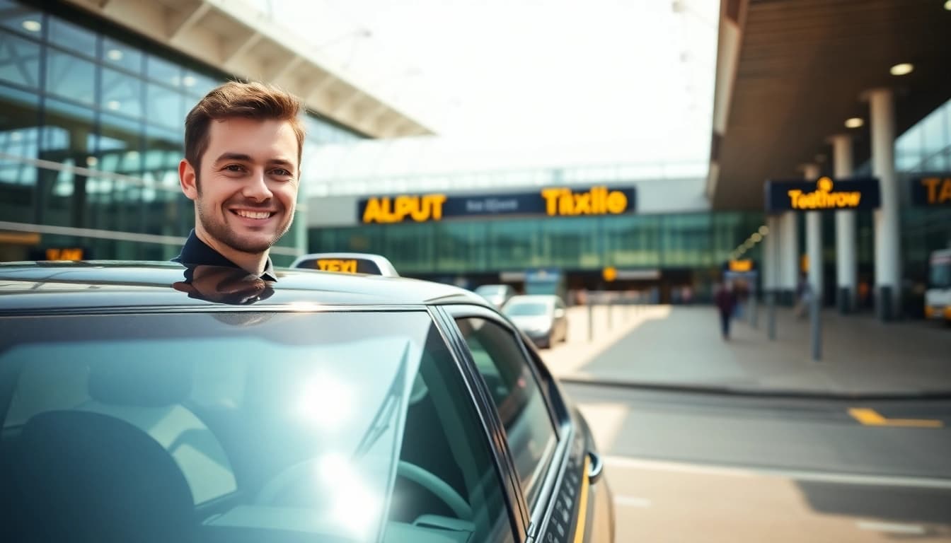 Heathrow taxi service offering a warm welcome as passengers arrive at the terminal.
