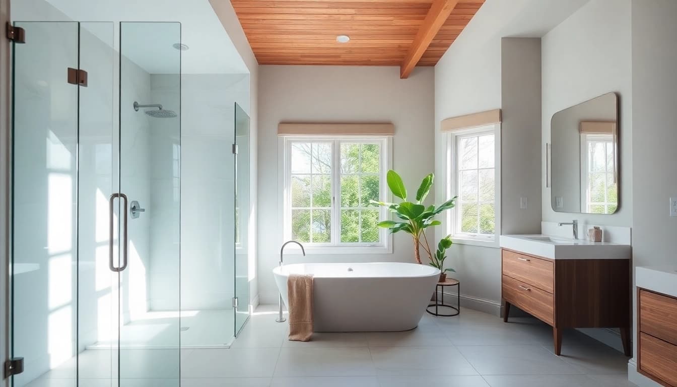 Experience stunning Bathroom Remodeling with a modern design featuring a bright, airy atmosphere and luxurious fixtures.