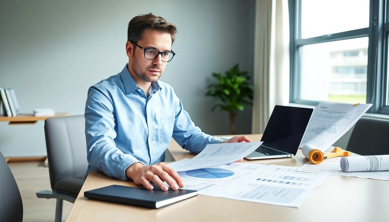 Biuro rachunkowe dla firmy budowlanej prezentujące profesjonalnego księgowego analizującego dokumenty finansowe.