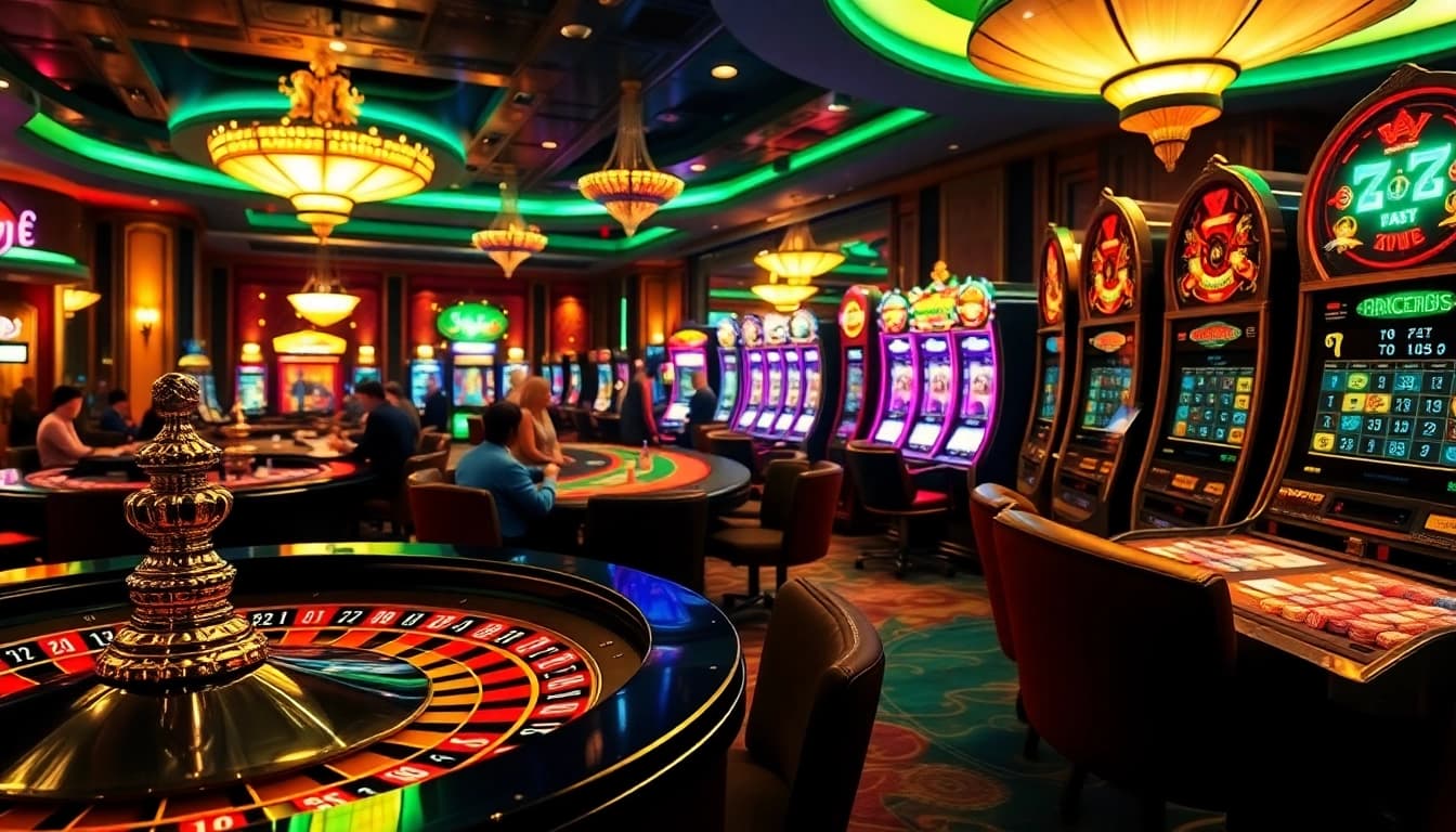 Top nhà cái scene featuring players at a roulette table, poker chips, and slot machines in a vibrant casino.