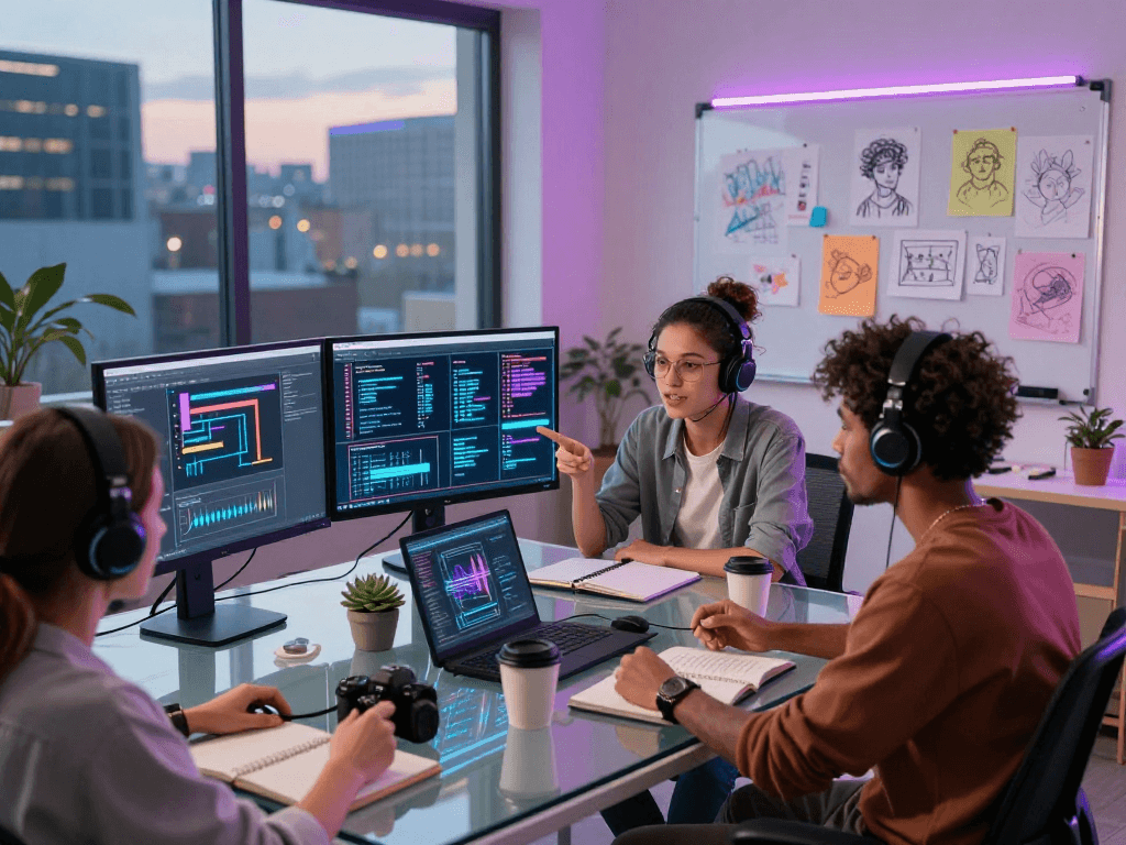 Diverse team collaborating in an AI NSFW creative workspace, showcasing vibrant screens and artistic sketches.