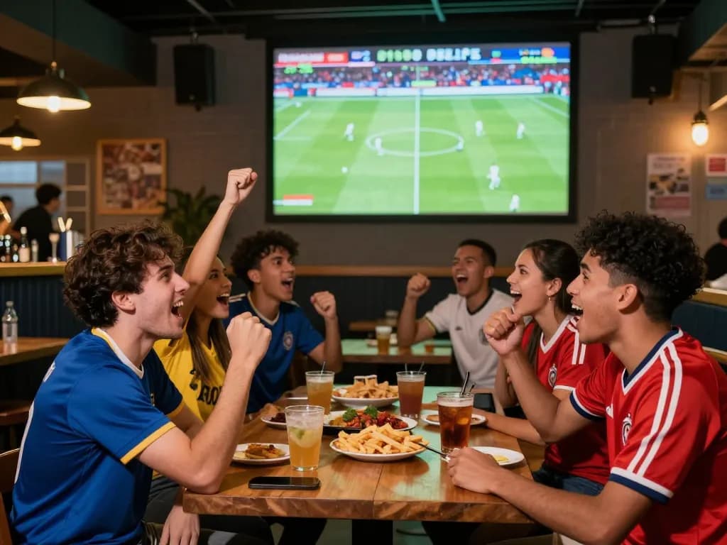 Cakhia sports fans celebrating a live soccer match at a vibrant bar.