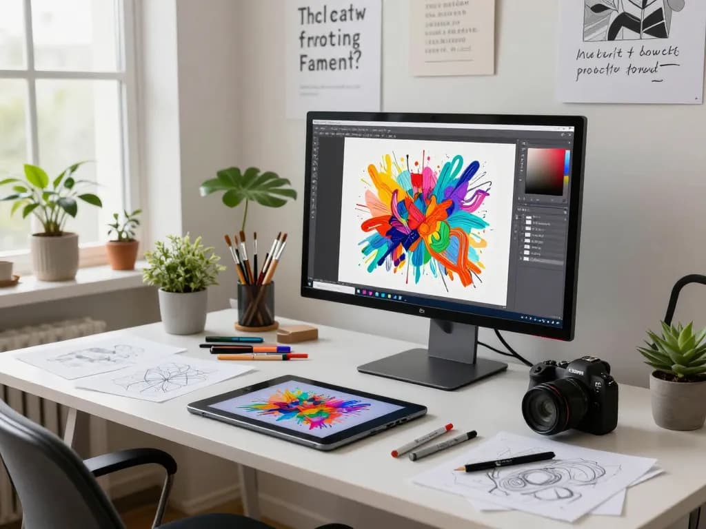 Artistic workspace showcasing an artist using image to prompt tool at a computer with vibrant AI-generated art.