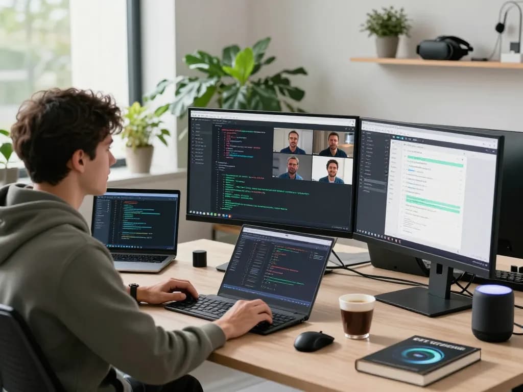 Engineer using clawbot software in a modern workspace with multiple monitors and tech gadgets.