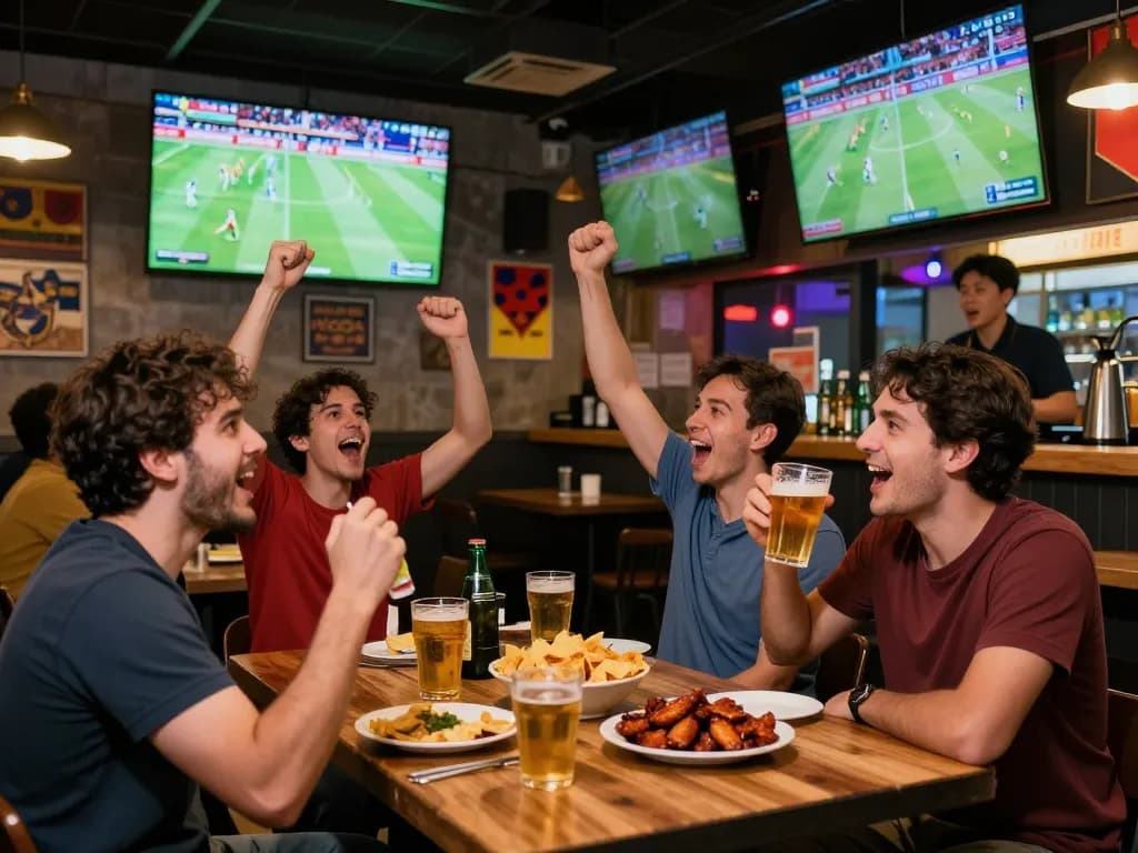 Trực Tiếp Bóng Đá scene with fans cheering in sports bar atmosphere during live match