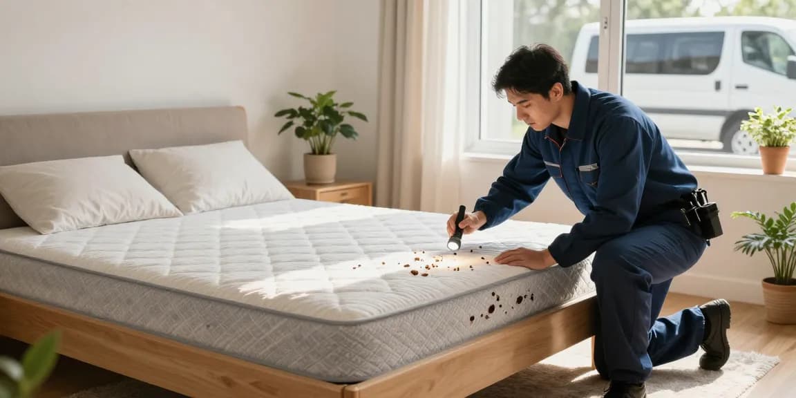 Professional inspecting for bed bug pest control in a serene bedroom with natural light.