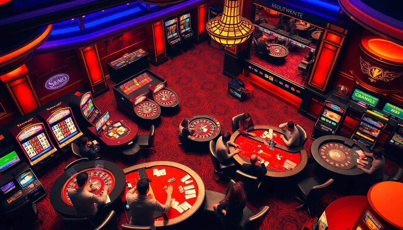 Players at fb88.com enjoying thrilling casino games with poker chips and slot machines in a vibrant atmosphere.