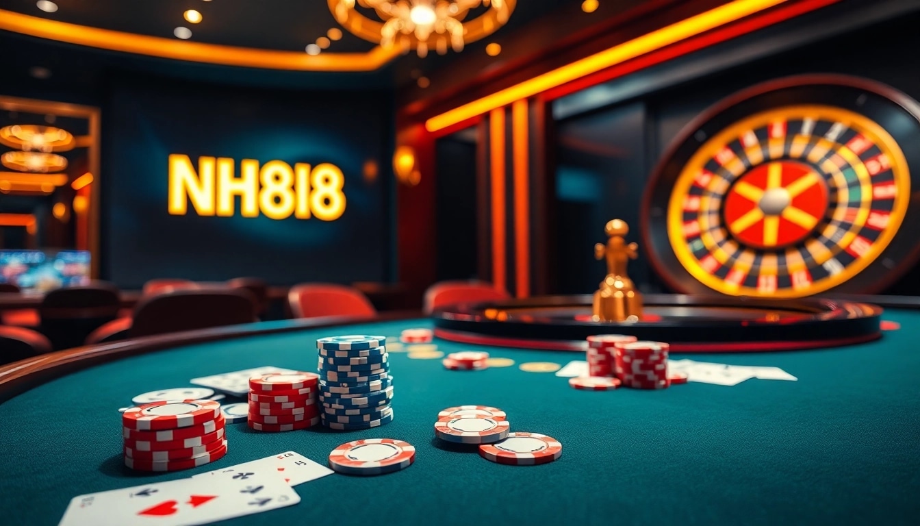 Engage with NH88 as players experience thrilling casino gaming at a luxurious table filled with chips and cards.