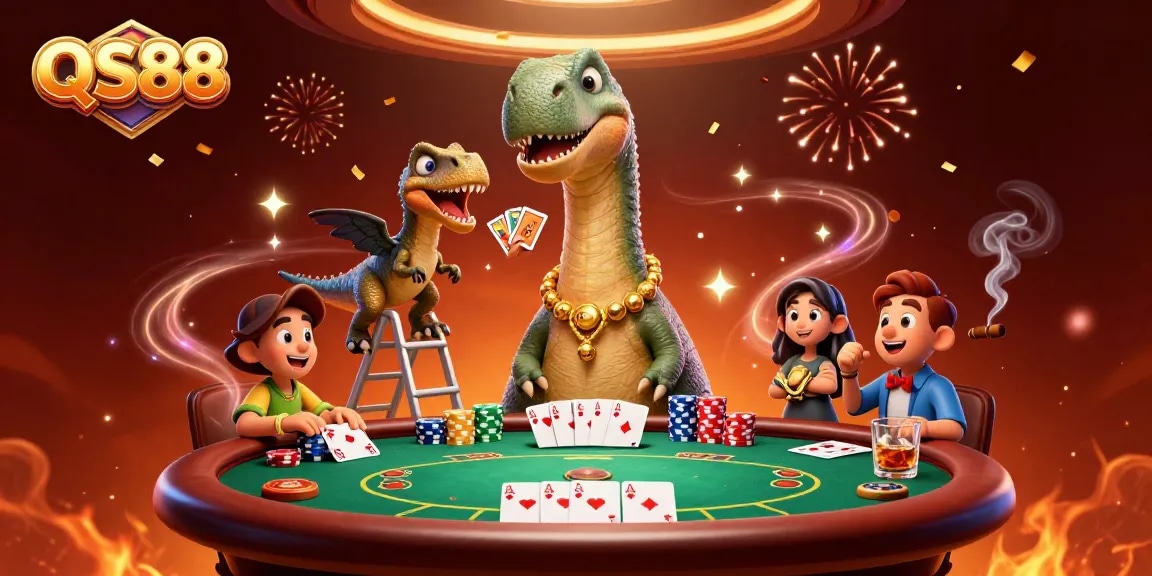 QS88 chơi poker tại sòng bạc với khủng long và raptor đầy màu sắc.