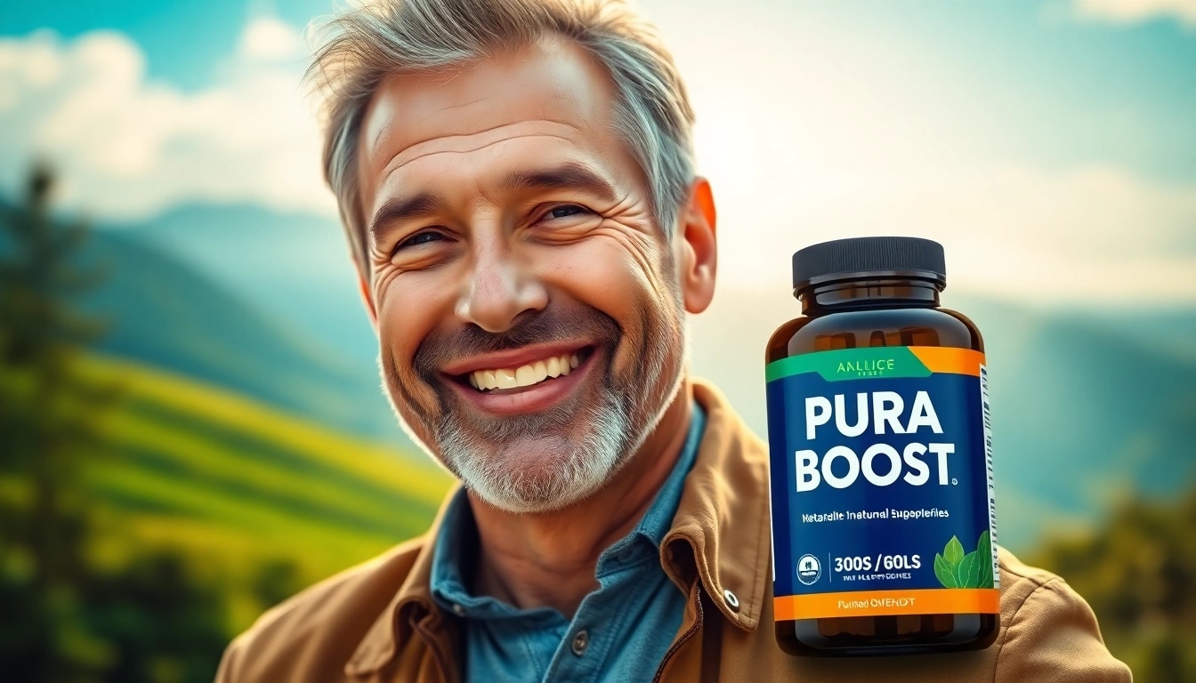 Puraboost bottle next to a smiling man symbolizing energy and vitality.