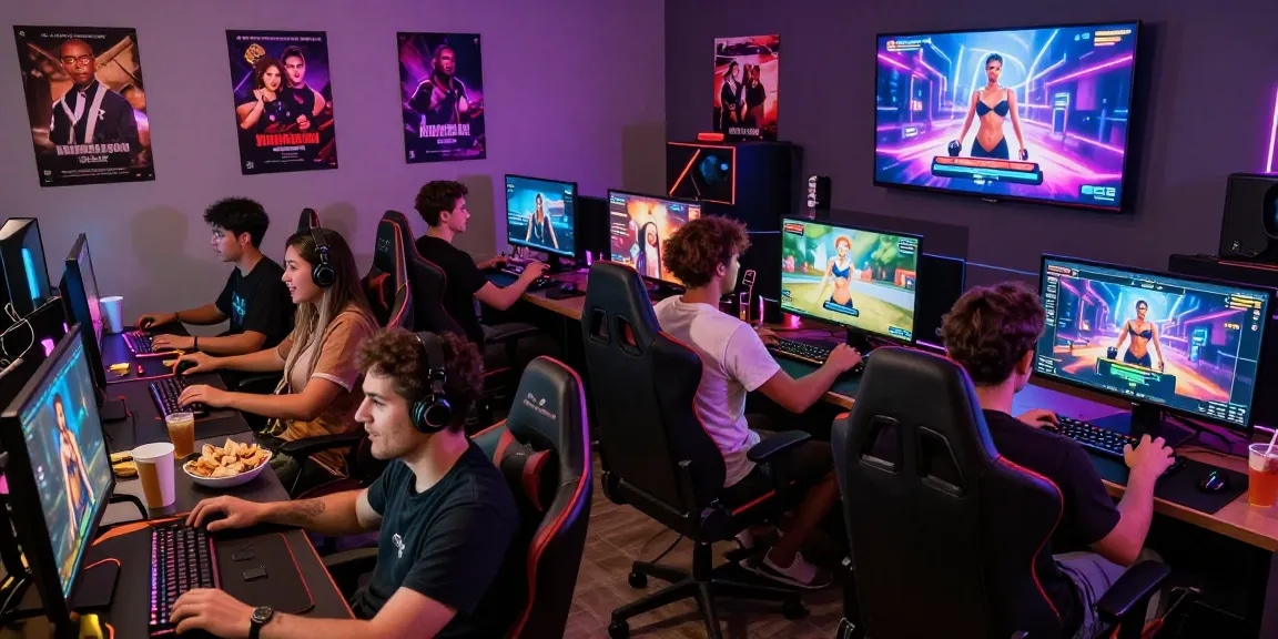 Players enjoying real porn games in a dynamic gaming environment with multiple screens showcasing diverse adult titles.
