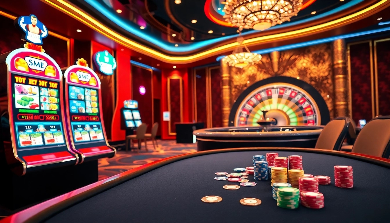 Experience the thrill of 5MB at a vibrant casino with poker chips and a spinning roulette wheel.