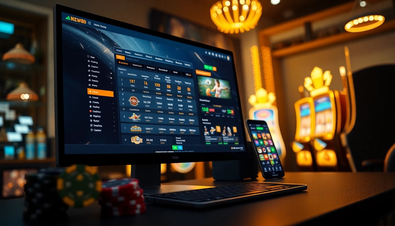 New88 online betting platform showcasing a user-friendly interface on a computer and smartphone, emphasizing trust and excitement.