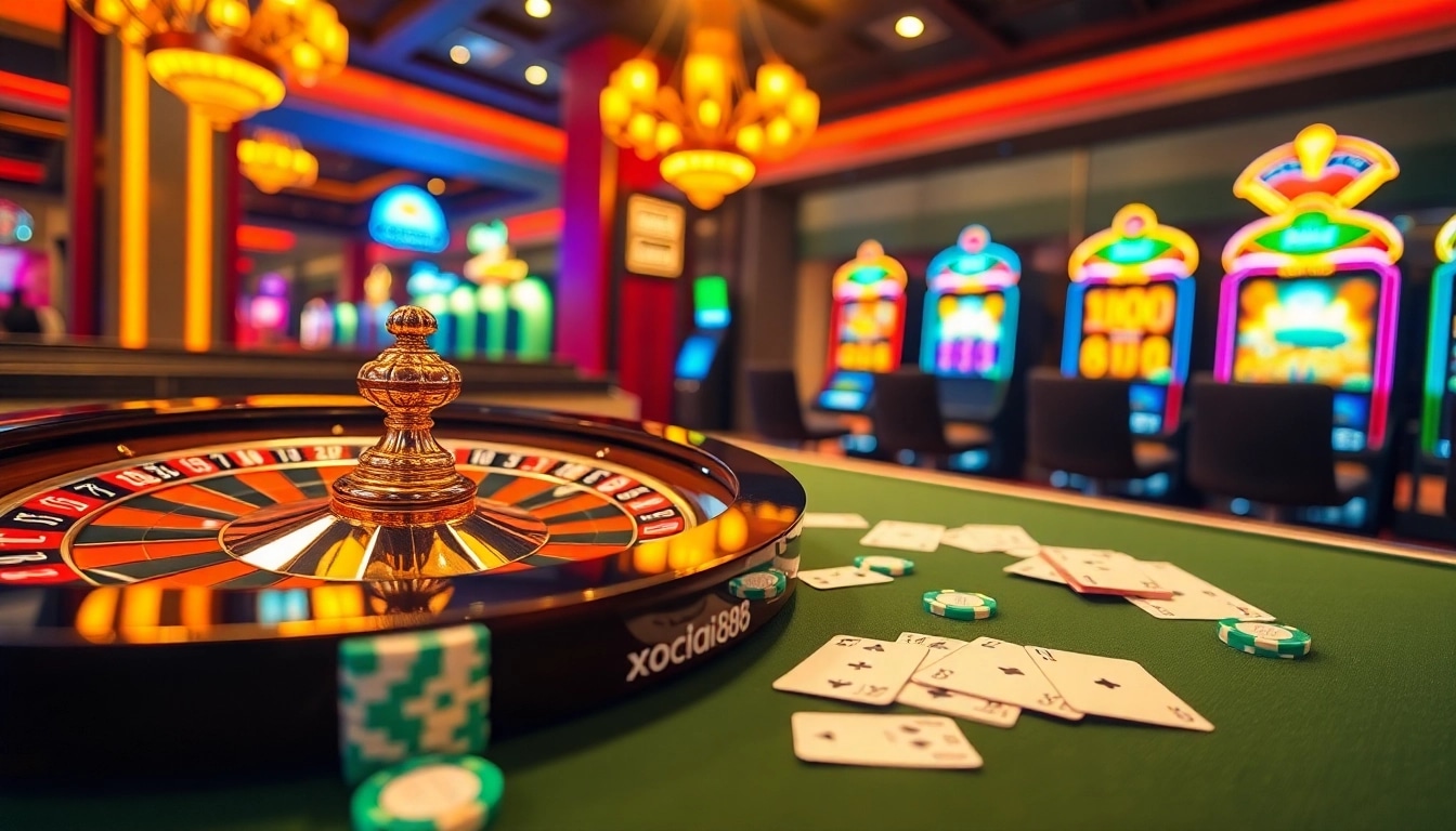 Experience thrilling gaming at xocdia88 with a vibrant casino atmosphere featuring roulette and slot machines.