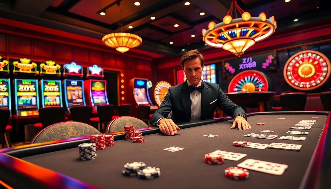 Experience thrilling gameplay at xin88’s luxurious casino, featuring poker games and vibrant slot machines.