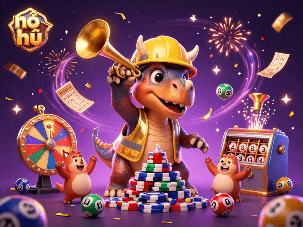 Experience exciting nổ hũ gameplay with a lively 3D triceratops character celebrating wins among vibrant casino elements.