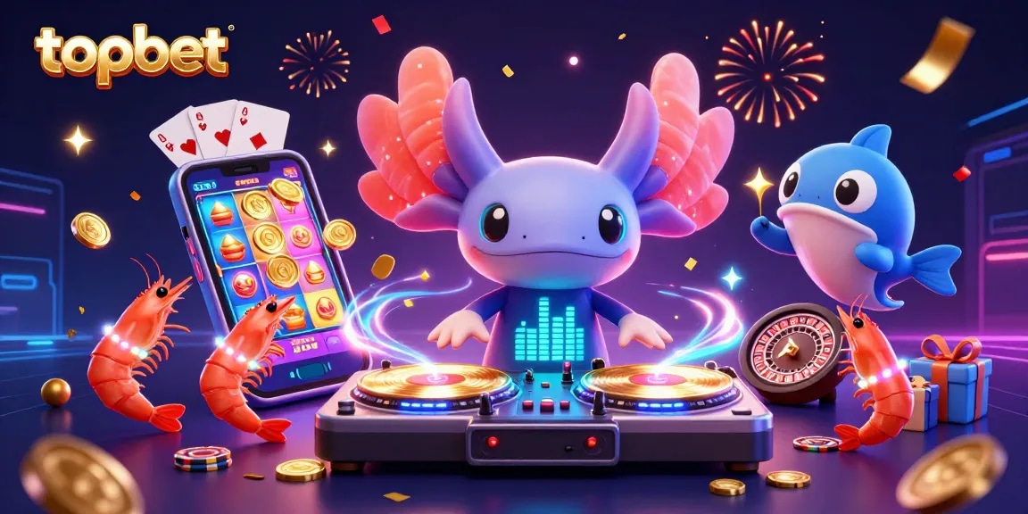 Topbet showcases vibrant gambling excitement with a colorful DJ scene featuring animated aquatic characters.