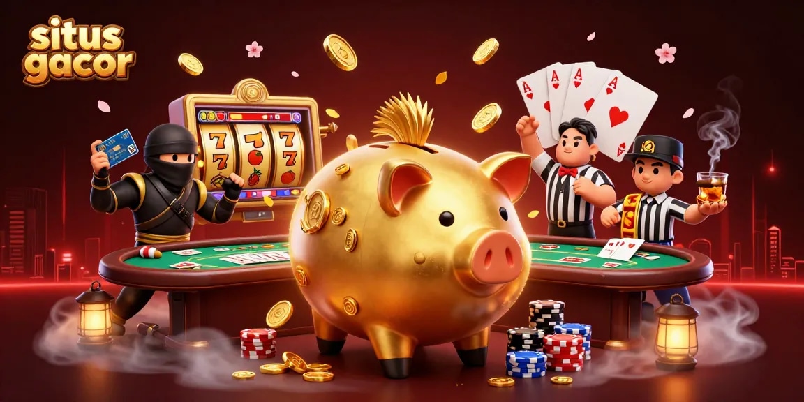 Experience thrilling gameplay on situs gacor, featuring a golden piggy bank sumo wrestler surrounded by jackpot elements and vibrant casino decor.