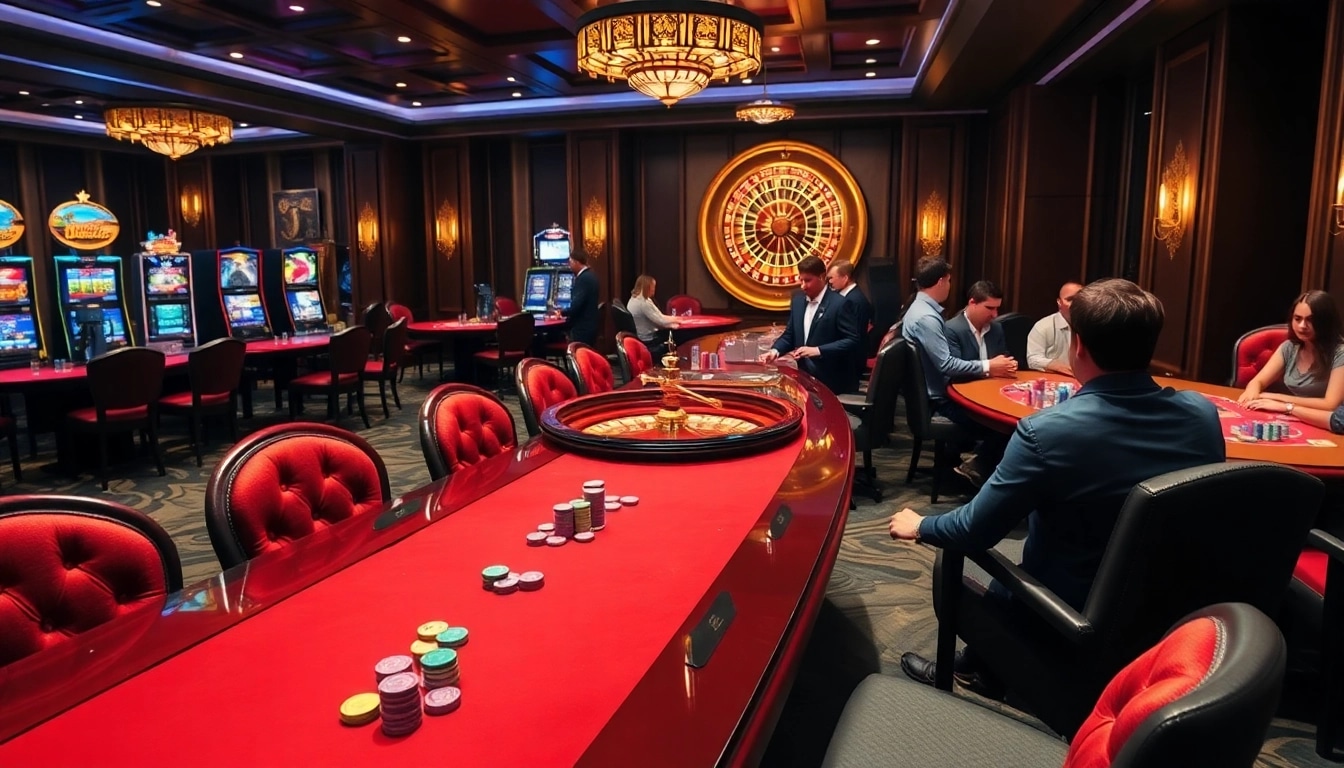 Engaging gamblers at 789f.mba's luxury casino tables, showcasing vibrant slot machines and poker games.