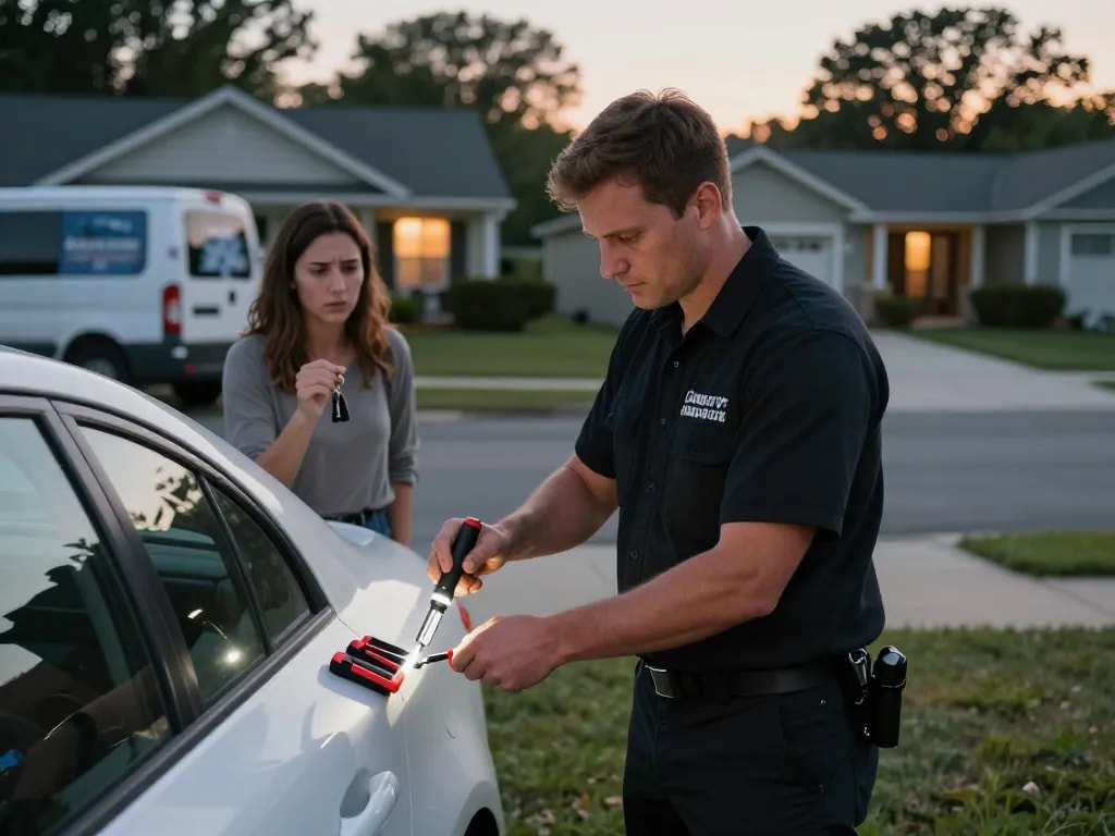 Emergency locksmith Stuart helping a customer unlock a car door in a suburban neighborhood.
