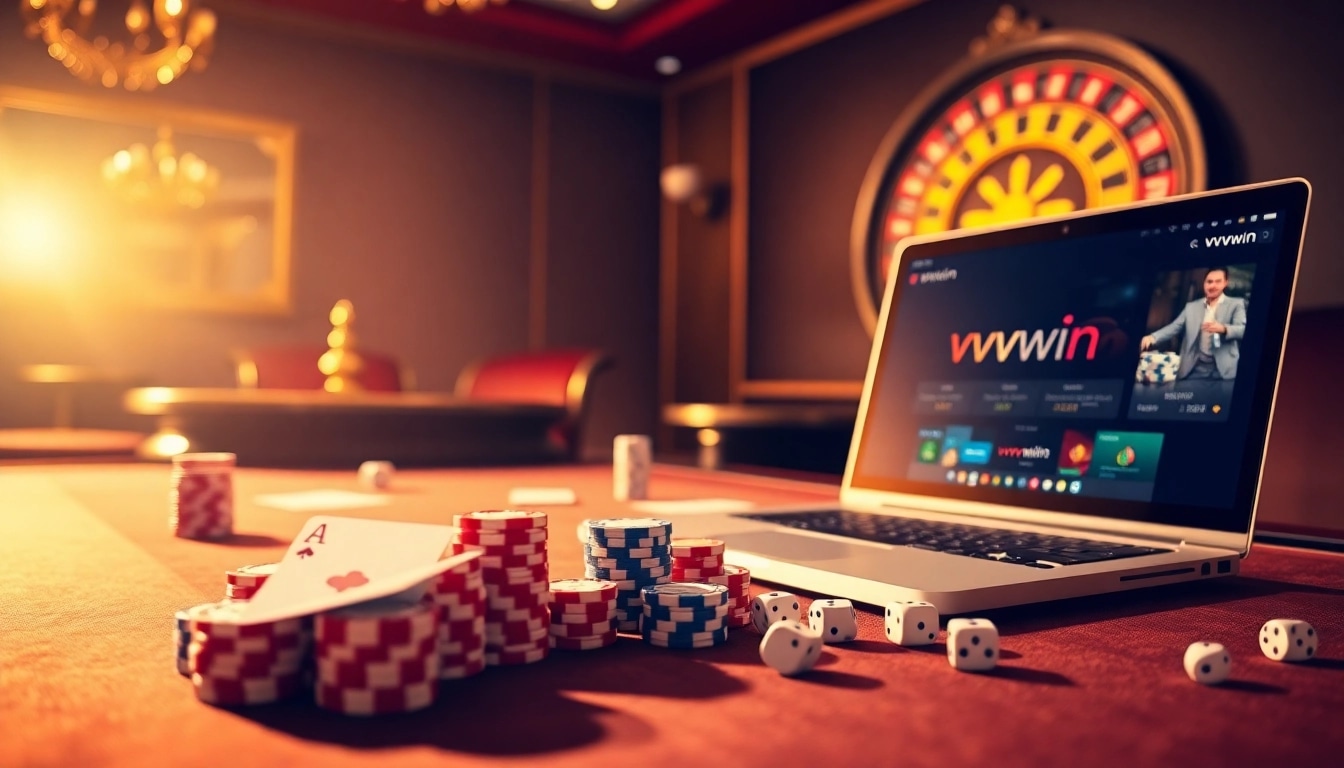 Experience the excitement of vvvwin with a luxurious online casino setup featuring poker chips, roulette wheel, and casino cards.