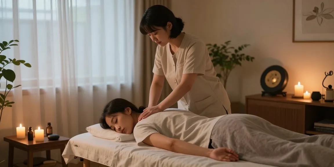 Experience a soothing 평촌출장안마 in a tranquil home setting with calming candles, essential oils, and serene ambiance.
