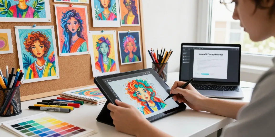 Artist using an image to prompt generator tool in a vibrant creative studio.