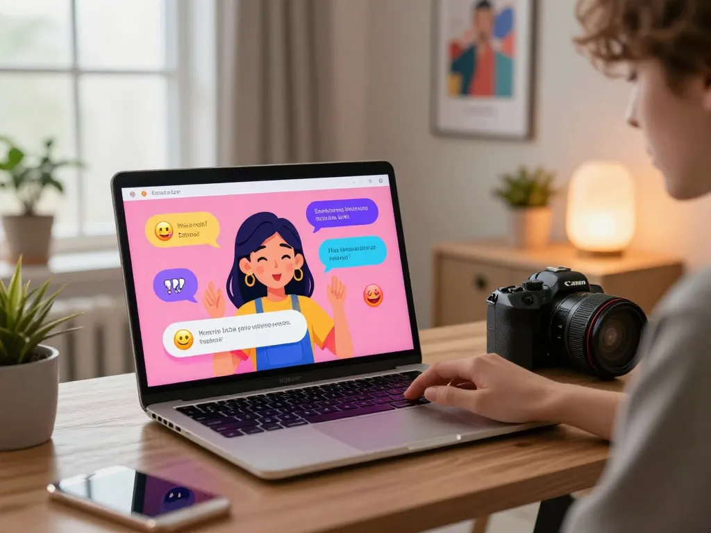 Engaging spicy chat on modern laptop in cozy home office setting with vibrant chat bubbles.