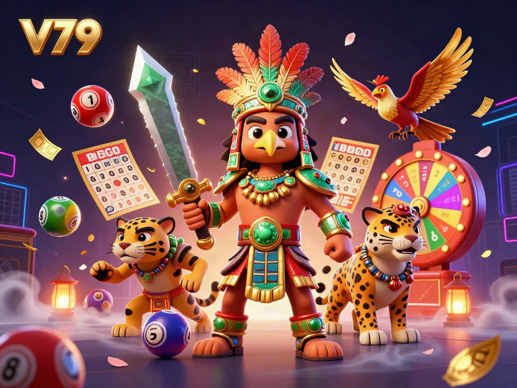 Experience the winning thrill with V79 in a vibrant casino scene featuring dynamic lottery elements and energetic characters.