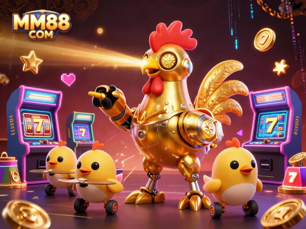 Experience vibrant gaming fun with MM88 COM in this dynamic casino scene featuring a golden rooster robot.