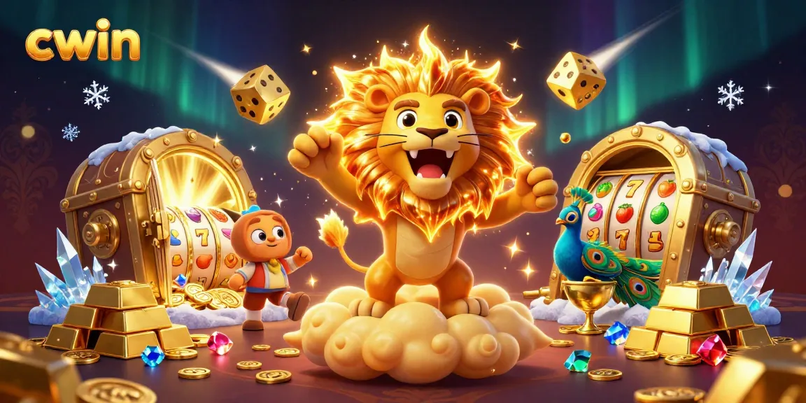 Cwin players enjoy slot games featuring a roaring lion surrounded by treasures and dynamic casino elements.