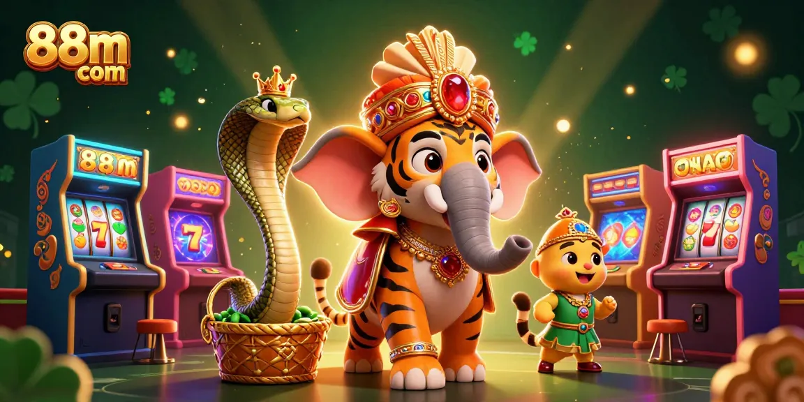 Engage with 88m com's exciting atmosphere, featuring a vibrant 3D casino scene with colorful game elements and characters.