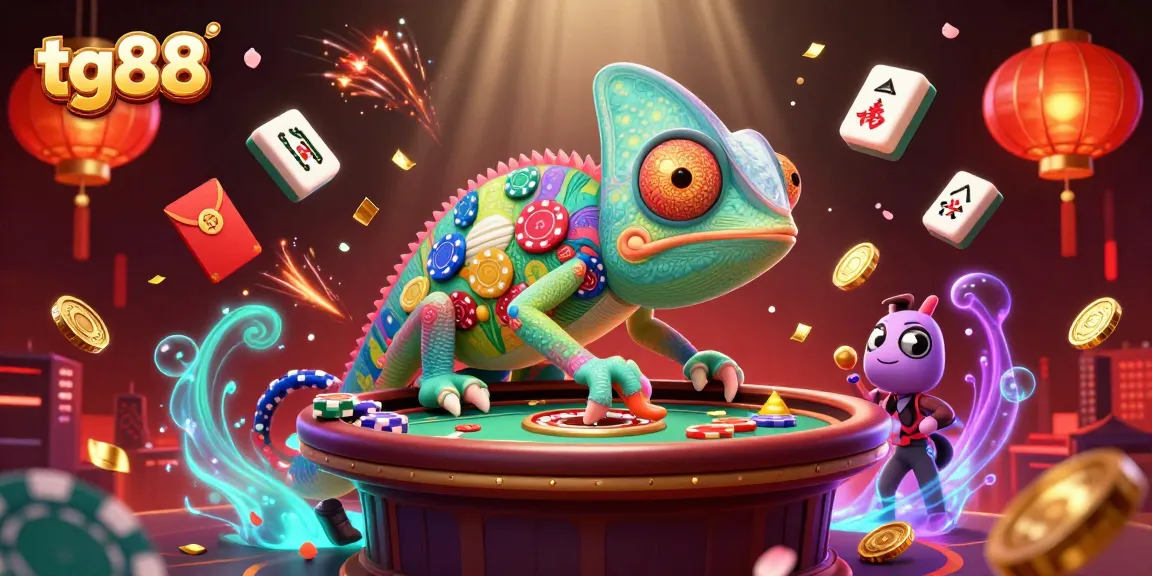 Experience the excitement at tg88 with a vibrant casino scene featuring a chameleon owner and dynamic game elements.