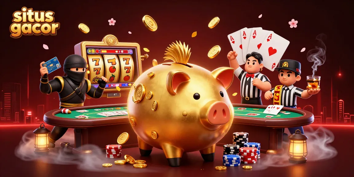 Experience thrilling gameplay on situs gacor, featuring a golden piggy bank sumo wrestler surrounded by jackpot elements and vibrant casino decor.