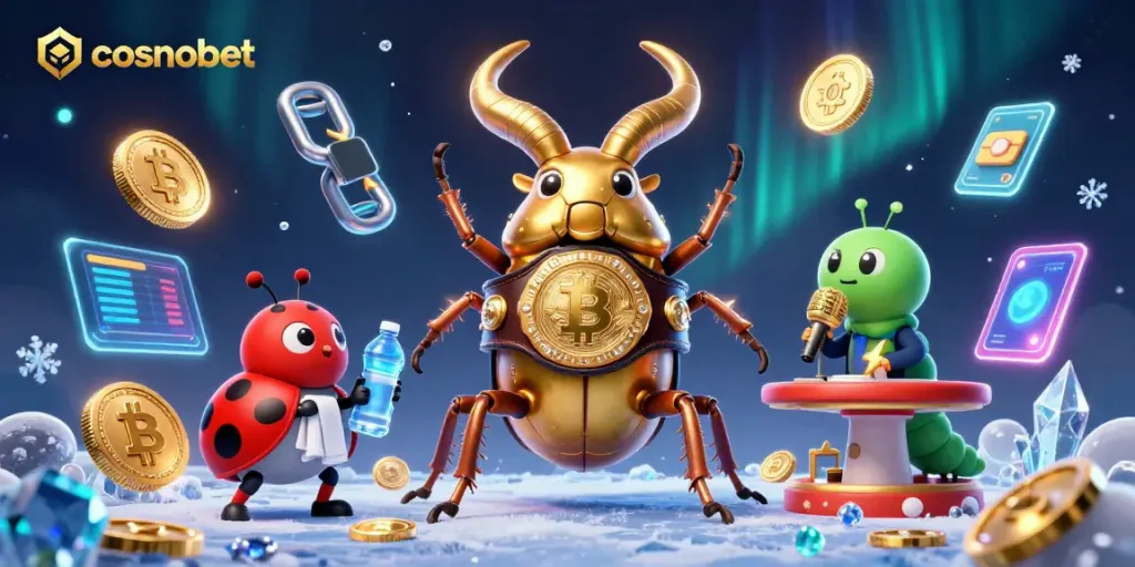 Experience thrilling gameplay with cosmobet's vibrant 3D battle scene full of crypto coins and animated characters.