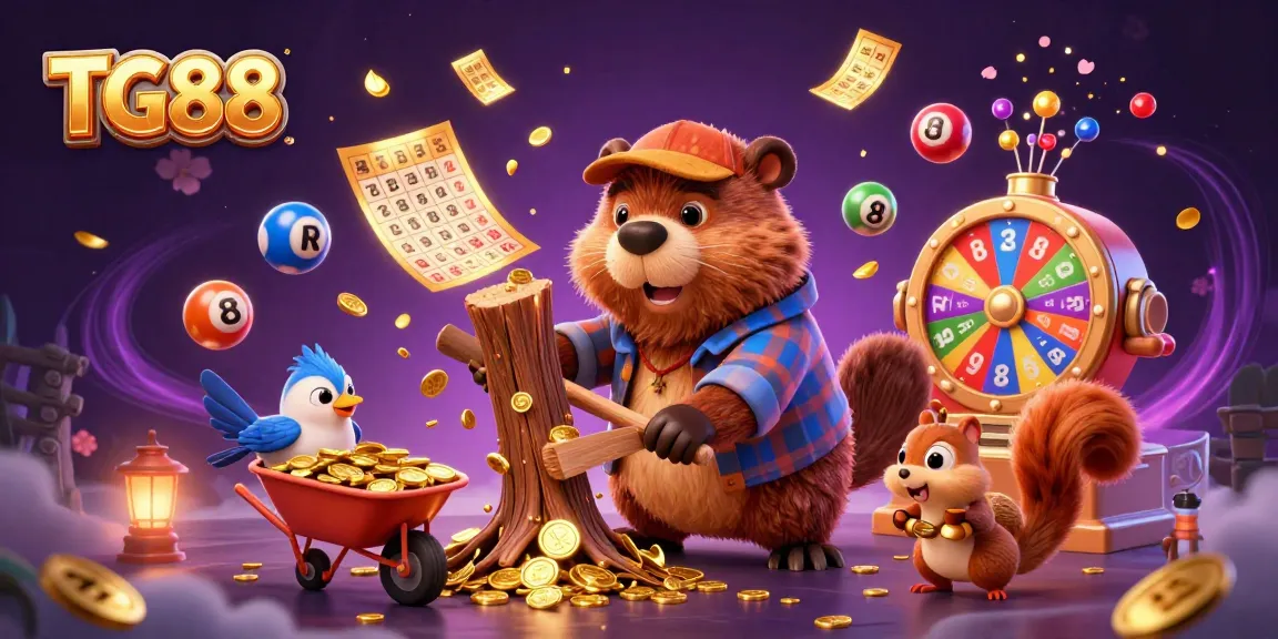 Experience excitement with TG88 as a cartoon beaver creates a stunning golden coin rain in this vibrant gambling scene.