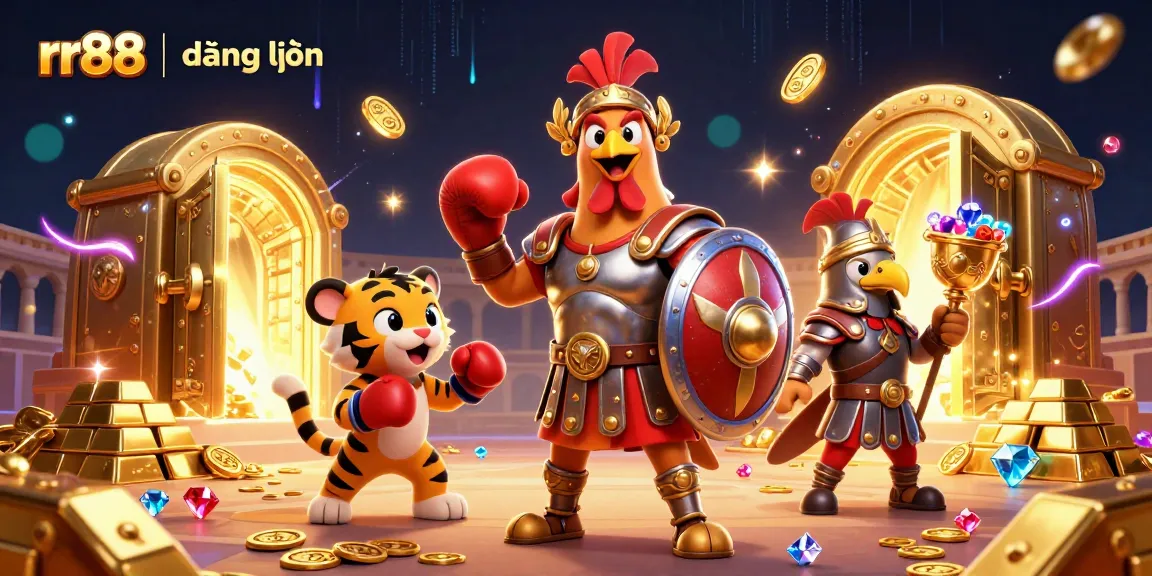 Join the action with rr88 | đăng nhập in a vibrant casino scene featuring a lively rooster and unmatched treasures.