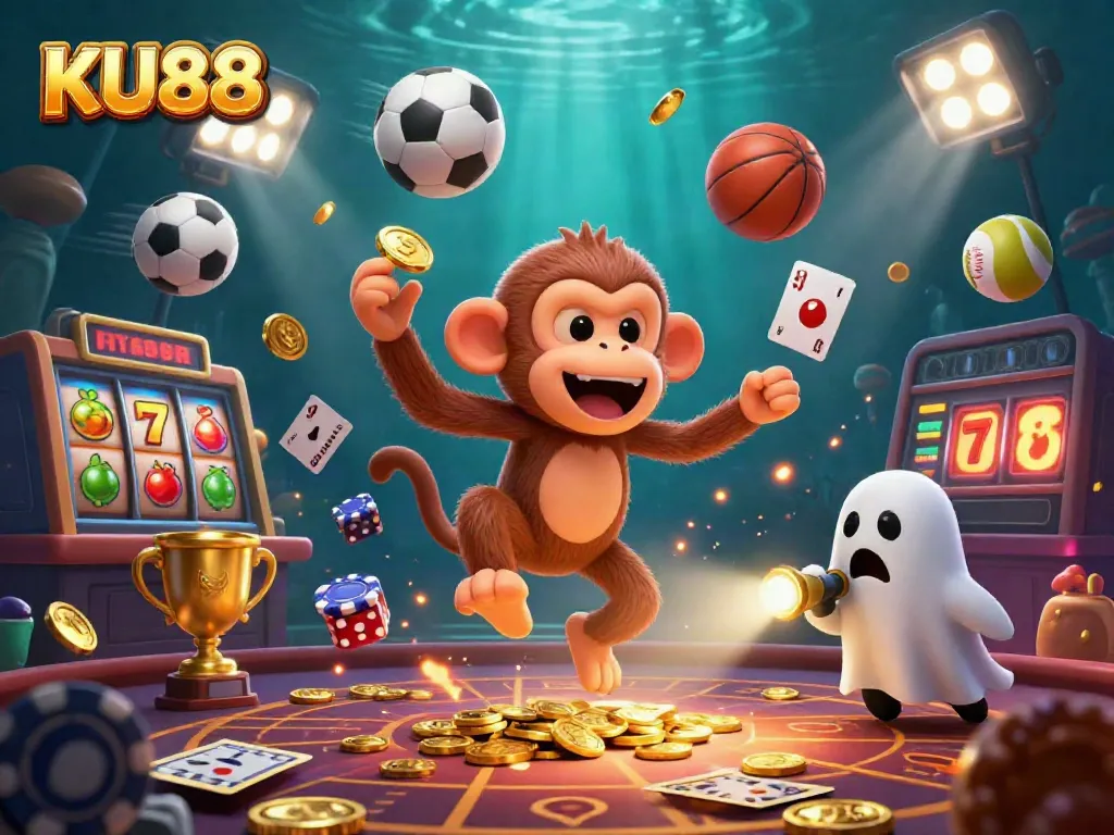 Experience thrilling jackpots at KU88 with a playful monkey and curious puppy in a haunted casino.