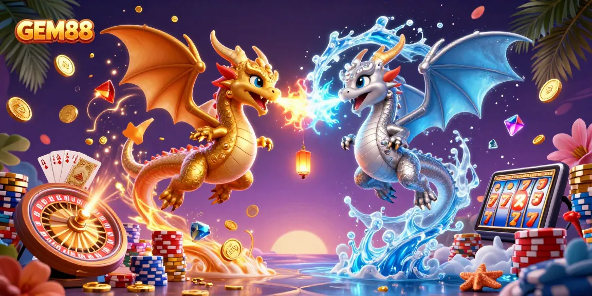 Engage with GEM88 through an exciting 3D illustration of gold and silver dragons amidst vibrant casino elements.