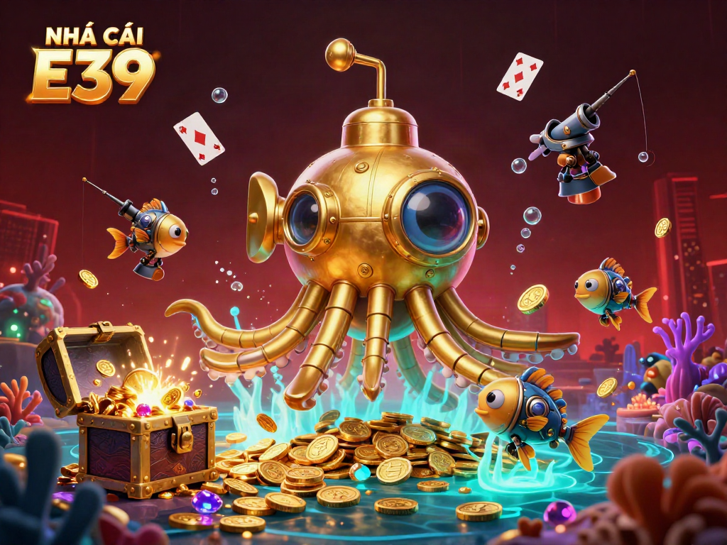 Immerse in vibrant gaming with NHÀ CÁI E39's golden kraken surrounded by treasure and lively elements.