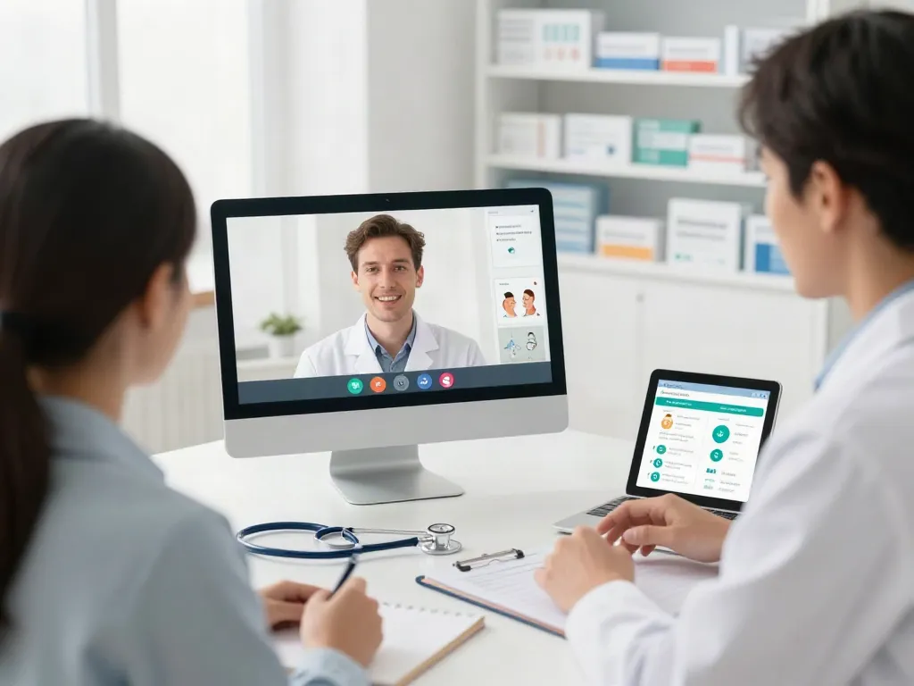Sildenafil side effects explained during a telehealth consultation at a modern pharmacy.