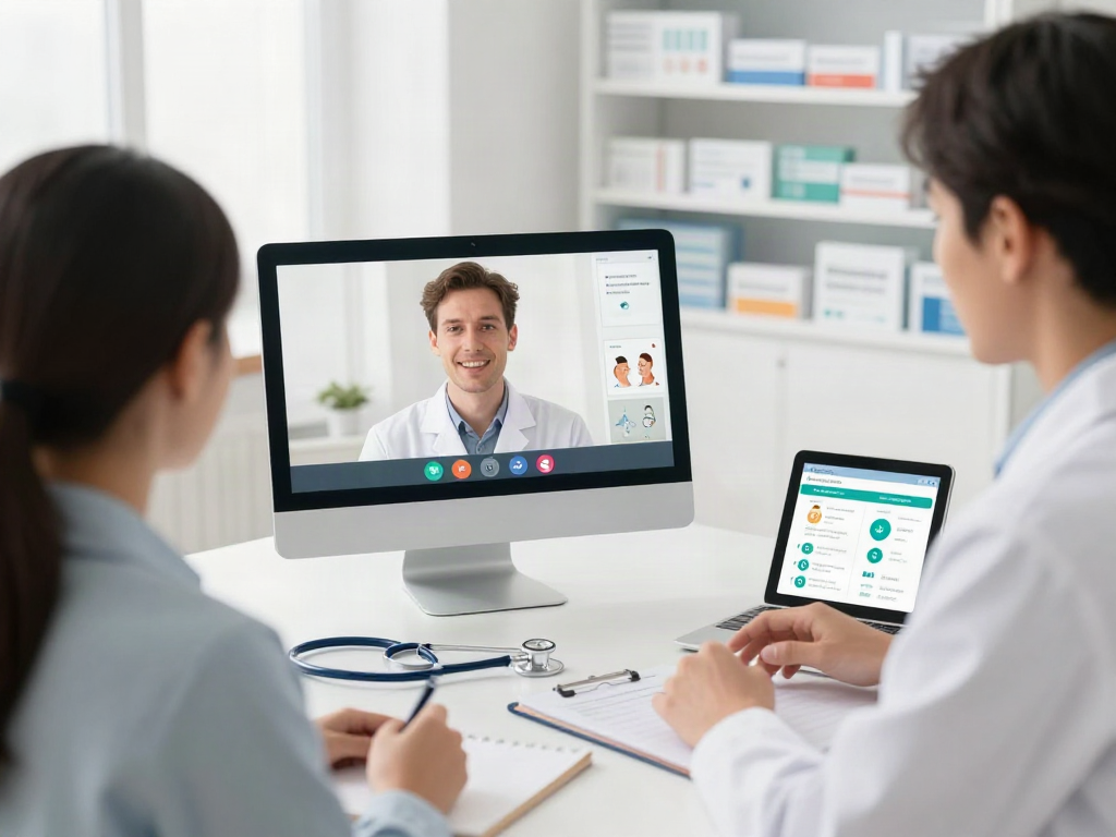Sildenafil side effects explained during a telehealth consultation at a modern pharmacy.
