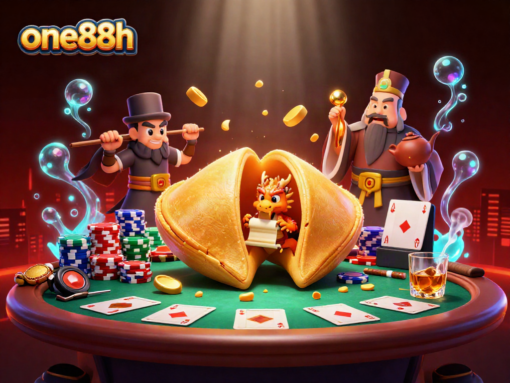 Engage in thrilling poker action with one88h featuring a golden fortune cookie and dynamic casino elements.