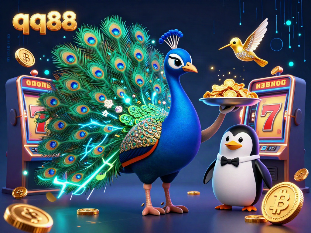 Engage with qq88 as a luxurious peacock and butler penguin present gaming excitement with slot reels and crypto coins.
