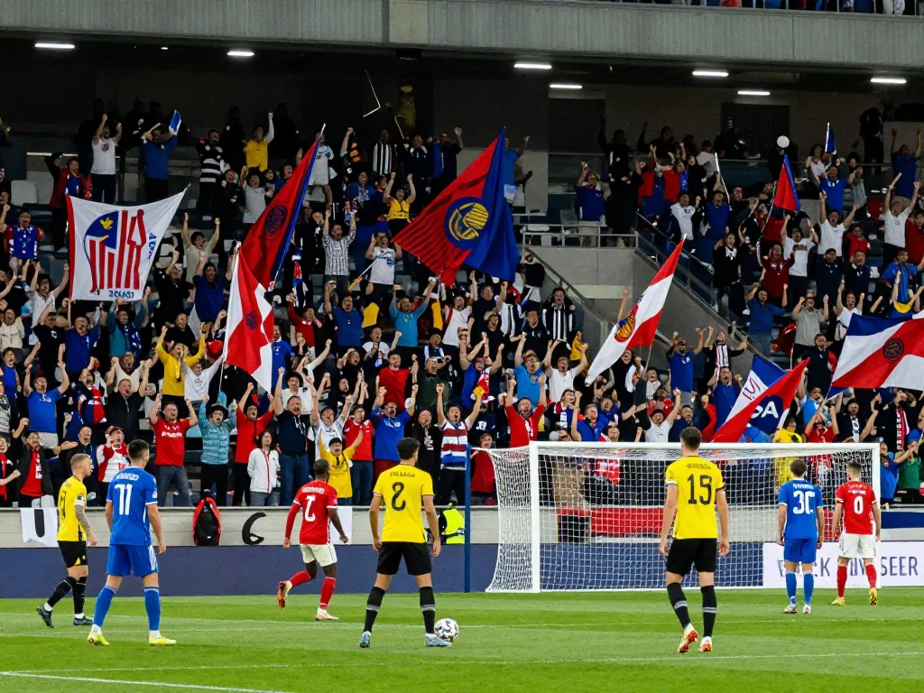 Exciting trực tiếp bóng đá scene with fans cheering in a stadium during a thrilling match in 2026.