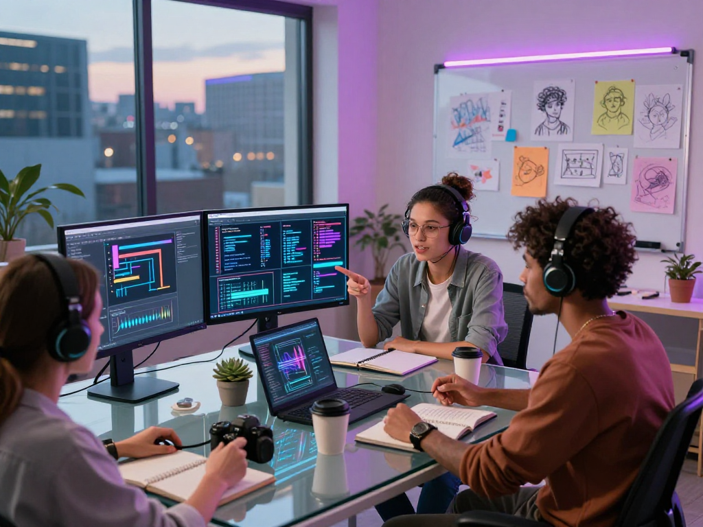 Diverse team collaborating in an AI NSFW creative workspace, showcasing vibrant screens and artistic sketches.