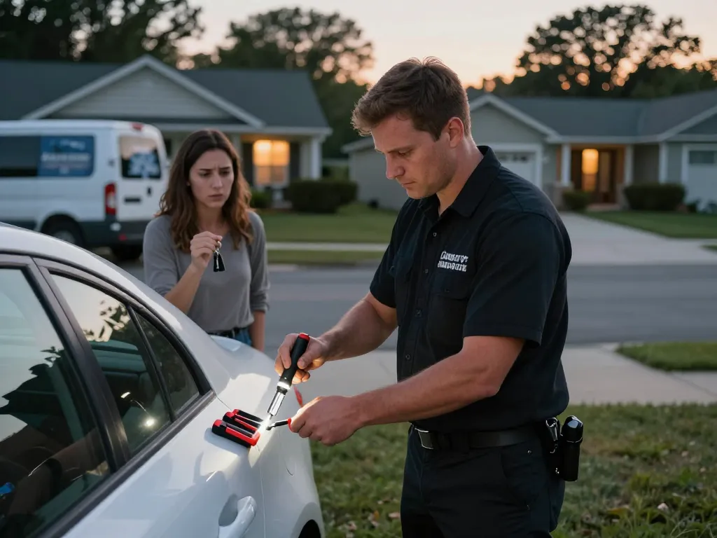 Emergency locksmith Stuart helping a customer unlock a car door in a suburban neighborhood.